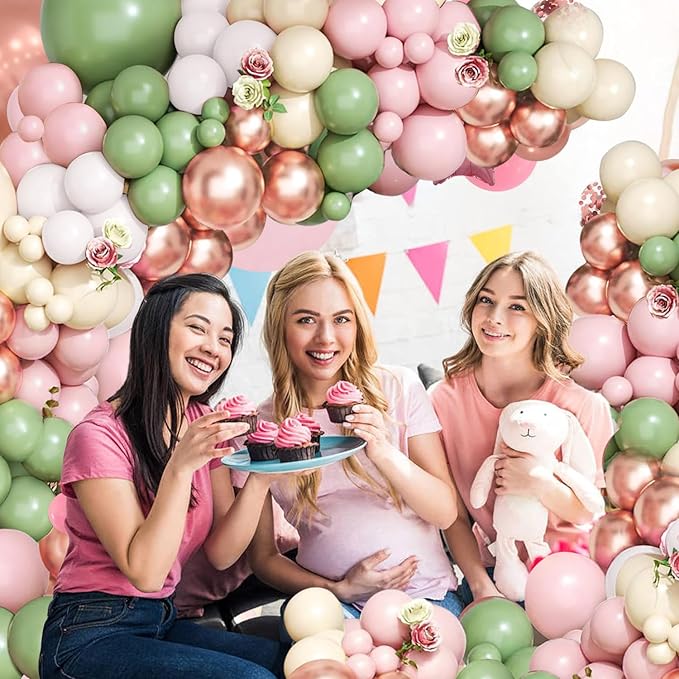 Sage Green Pink Balloon Arch Kit - 144 pcs Olive Green Pink Sand White Balloons with Rose Gold Metallic Latex Balloons for Girl Birthday Wedding Bride Shower Party Decorations