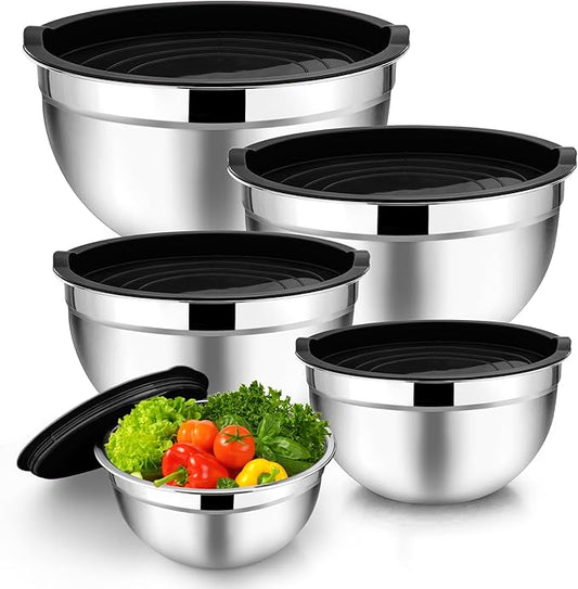 TeamFar Mixing Bowl Set of 5, 4.5/3/1.5/1/0.7 QT, Stainless Steel Metal Nesting Salad Bowl with Lid Set, Ideal for Mixing Serving, Non-Toxic & Sturdy, Airtight Lid & Easy Clean, Black