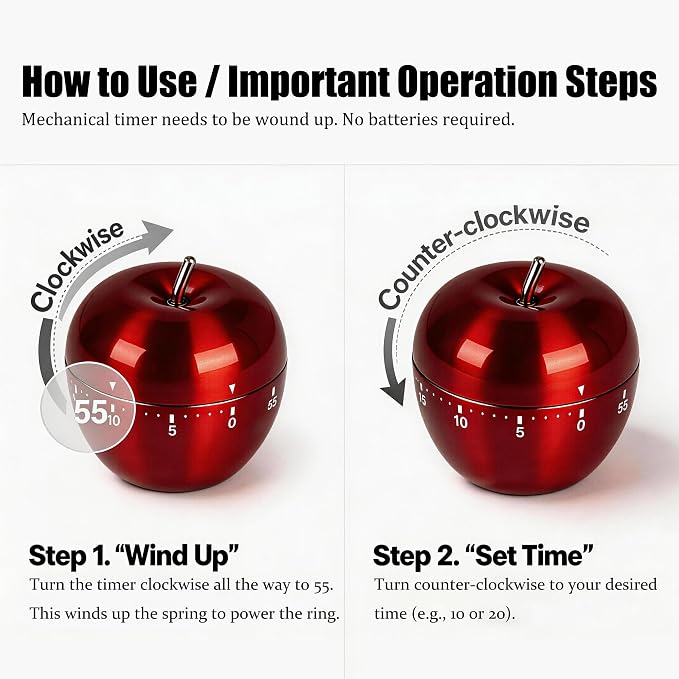 Stainless Steel Apple Kitchen Timer, Mechanical 60-Minute Manual Countdown, Glossy Red Metal Visual Timer for Professional Chef, Classroom Teacher Gift & Christmas Holiday Decor (Red Apple)