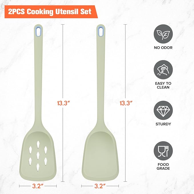 Silicone Cooking Spatula&Slotted Spatulas, Pack of 2,Solid Turner Kitchen Utensils Set for Cooking,Frying, Baking, Flipping, Turning,Heat Resistant 450℉ (Green)