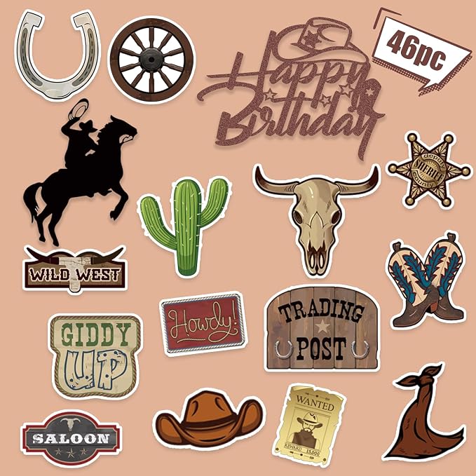 46 Pcs Cowboy Cake Toppers Glitter Cowboy Hat Cake Decorations Western Theme Happy Birthday Party Decoration for Boys Girls, Western Birthday Sign Decor Party Decor Party Supplies