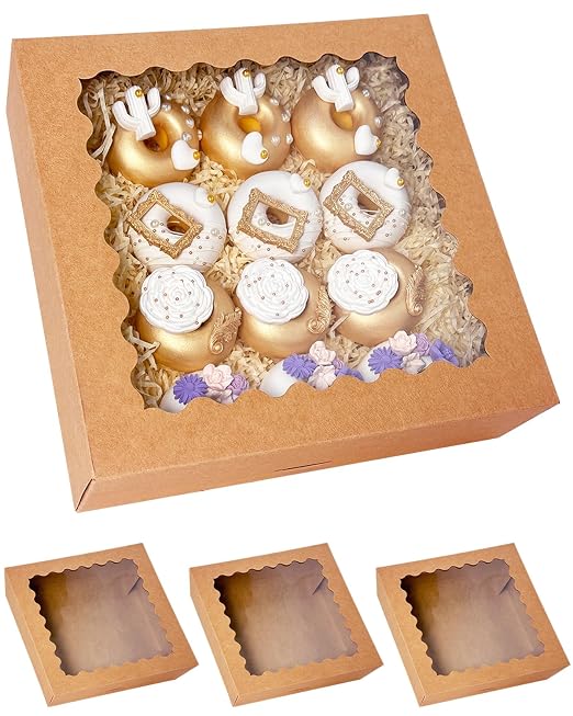Bakepacker 10pcs Brown Pie Boxes 12x12x3 inches Easy Assemble Macaroon Cookie Boxes Bakery Boxes with Window for Bakery (Auto-pop Up)