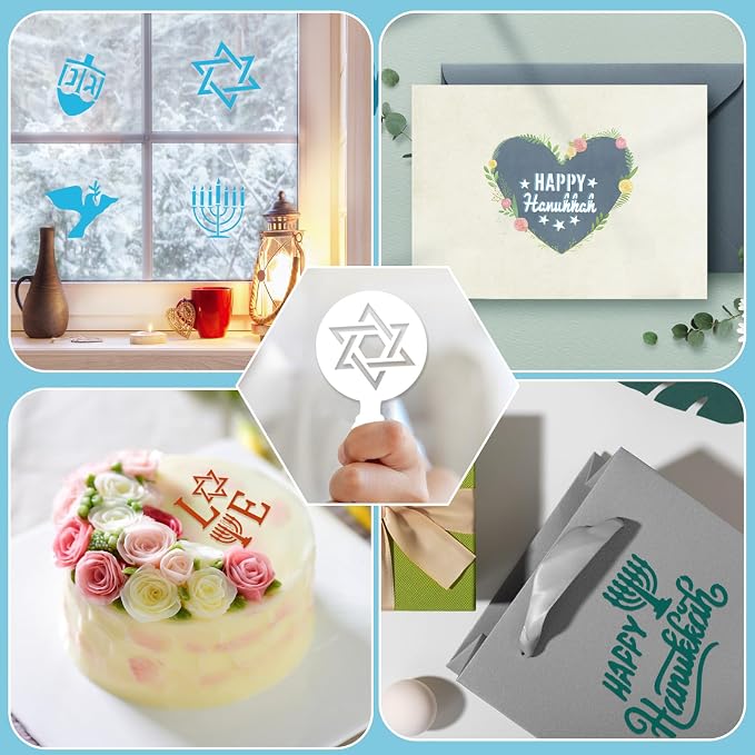 JULBEAR 36 Pcs Reusable Hanukkah Cake Cookie Stencils Dreidel Menorah for Cookies Coffee DIY Hanukkah Holiday Baking Painting Dessert Craft Decoration