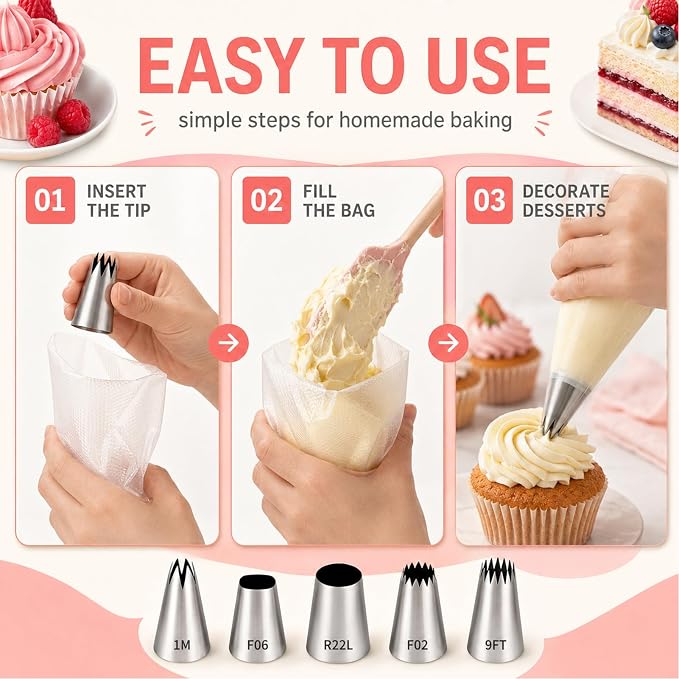 5 Pieces Large Piping Stainless Steel Cake Decorating Nozzle Set | F02 F06 R22L 9FT 1M,For Cakes,Cupcakes,Cookies