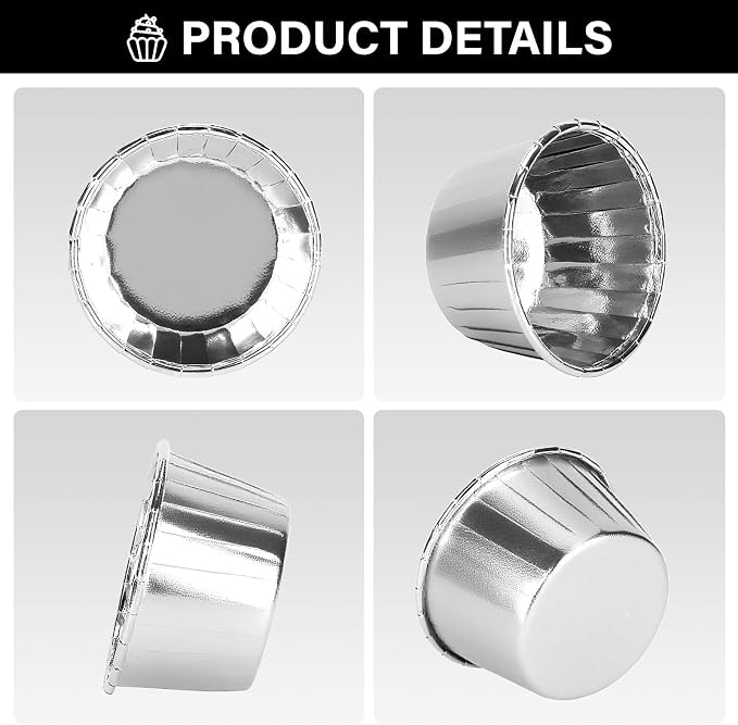 EUSOAR Silver Cupcake Liners, 100pcs 3.5oz Disposable Dessert Containers Muffin Ramekins, Mini Cheesecakes Cups Aluminum Foil Wrappers Paper Cupcake Holders for Birthday Wedding Bridal Party