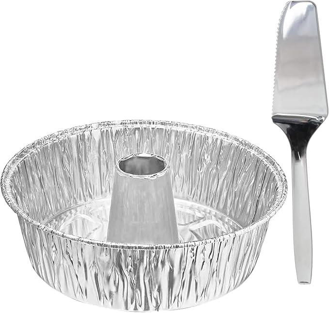 8" Aluminum Angel Tube Cake Pan with 10" Cake & Pie Server with Serrated Edge | Round Deep Foil Bundt with Center Tube for Heat Distribution | Heavy Duty Oven Safe Bakeware | 100 Count