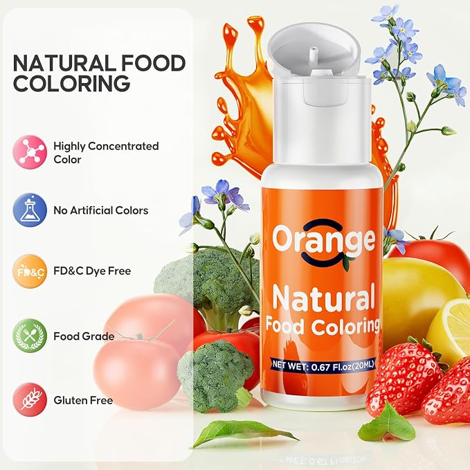 Natural Food Coloring- 20 Milliliters Dye Free Natural Food Coloring, FD&C & Artificial Dye Free Formula for Baking, Icing and Cooking, Cakes, Cupcakes, Frosting，Easter Eggs & Holiday Treats (ORANGE)