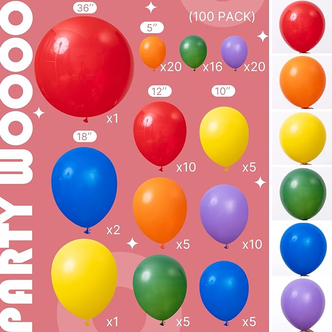 PartyWoo Rainbow Balloon Arch Kit Garland 100 pcs Different Sizes of 36 18 12 10 5 Inch Multicolor Latex Colorful Balloons Assorted Primary Colors for Graduation Baby Shower Birthday Party Decorations