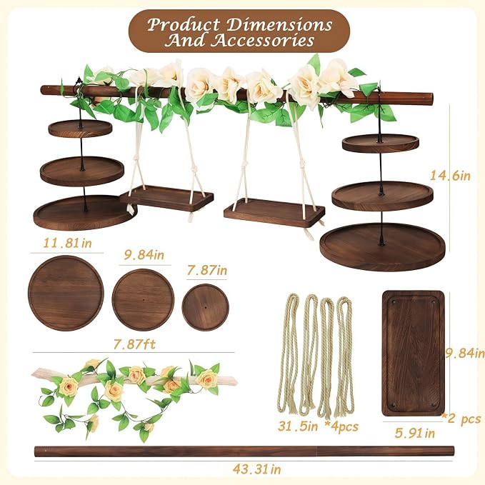 Large Wooden 3 Tier Cupcake Stand with Swing and Rose Decor, Dessert Table Display Set Removable Serving Tray Cupcake Tower Centerpiece for Tea Party Birthday Baby Shower Wedding