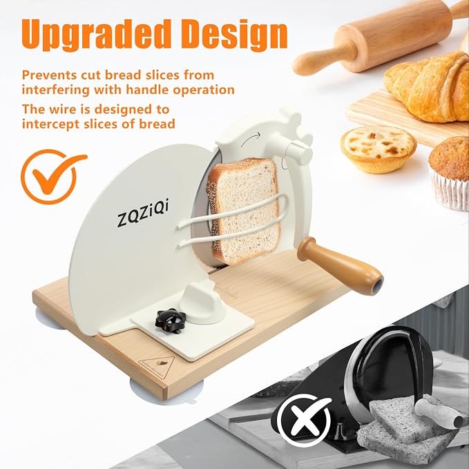 Manual Bread Slicer for Homemade Sourdough Bread with Strong Suction Base | 0-0.75" Adjustable Thickness, 402 Stainless Steel Blade, Beech Wood Base, Homemade Bread Toast Bagel Cutter
