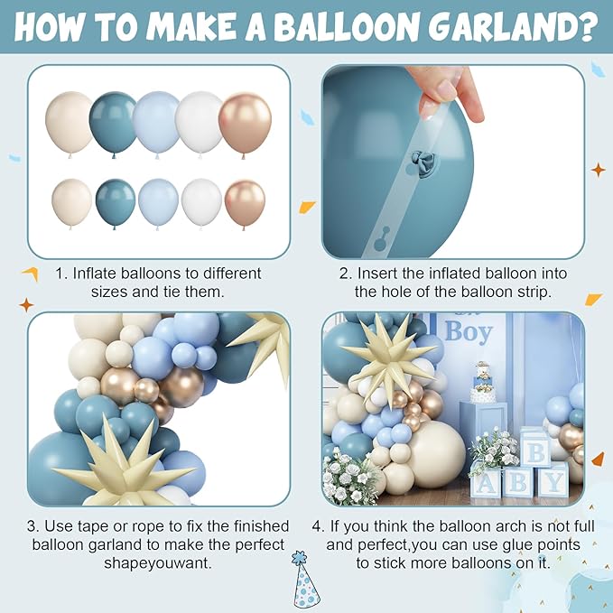 Dusty Blue and Gold Balloons Arch Kit with Beige Star Balloon, Baby Shower Balloons Garland Slate Blue Cream White Champagne Gold Balloons for Boho Boy Birthday Party Wedding Bridal Shower Decorations