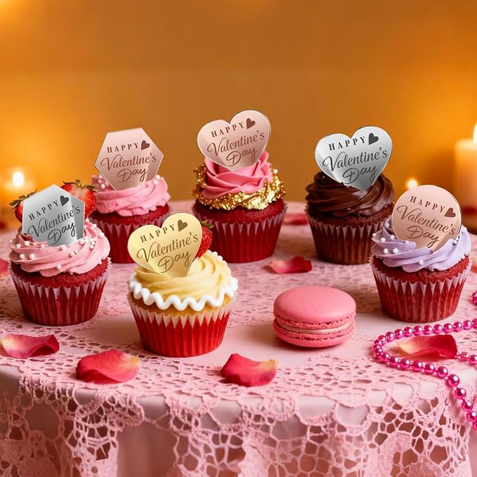 45PCS Happy Valentine's Day Cake Toppers, Mirror Acrylic Cupcake Toppers 3 Multi-shape & 3 Different Color Custom Cupcake Picks for Valentine Party Anniversary Pastries Decorations