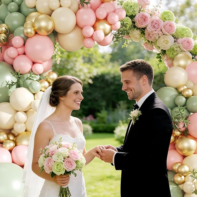 Pink and Green Gold Balloon Arch Kit, 124Pcs Pink and Sage Green Balloon Arch Garland Kit with Gold Sand White Balloons for Baby Shower Bridal Shower Wedding Gender Reveal Birthday Party Decorations