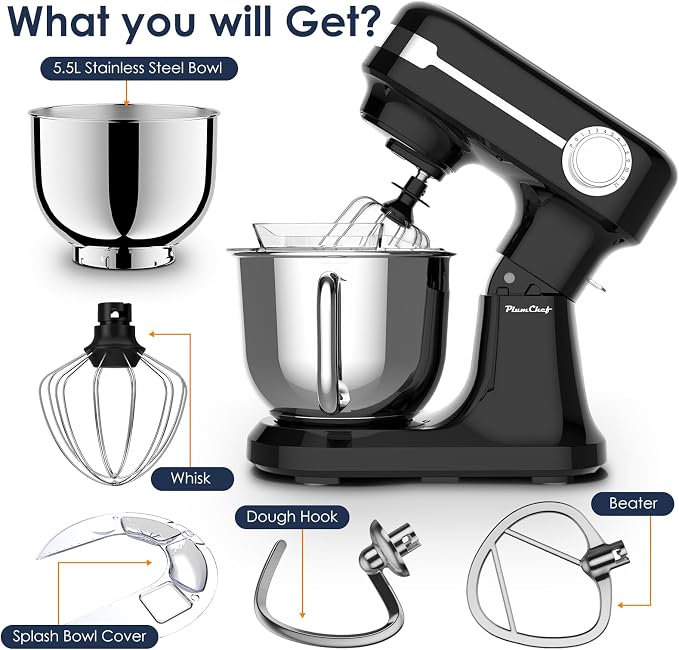 Plum chef 5.5QT Electric Stand Mixer, 12-Speed Tilt-Head Food Mixer, Dough Mixer with Dishwasher Safe Stainless Steel Bowls, Dough Hook, Flat Beater, Whisk, Perfect for 4-6 Family,Black