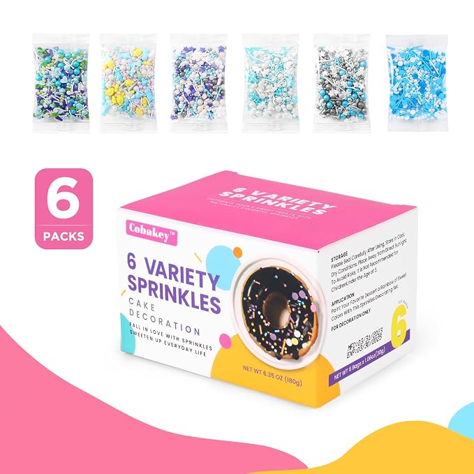Sprinkles For Cake Decorating, Cupcake, Cookies, Ice Cream Topper, 6 Packs Blue Sprinkles, Winter Snowflakes Sprinkles, Six of assorted Sprinkles for Baking, Perfect for Party, New Year’S Eve, Wedding