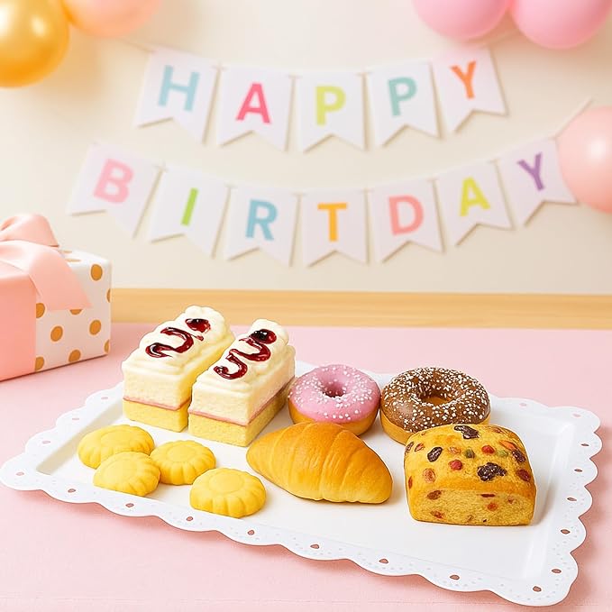 Frigg 4 Pack Serving Trays for Party with Lace Rim,Rectangle Food Trays, Reusable White Plastic Serving Platters Food Display for Birthday Party, Wedding, Restaurant, 14.45" x 9.33"