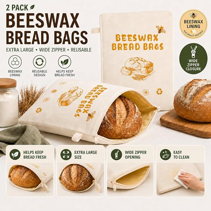 2-Pack Extra Large Beeswax Bread Bags with Zipper Seal – Reusable Bread Storage Bags, Eco-Friendly Natural Beeswax Lining, to Keep Homemade Bread Fresh for Sourdough & Artisan Loaves (yellow)