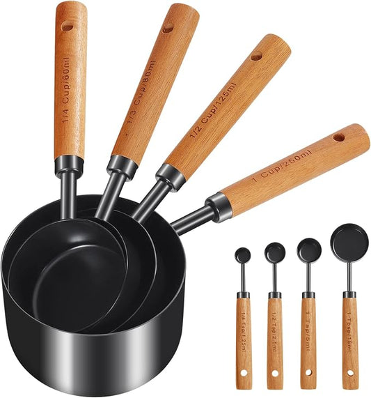 GuDoQi 8Pcs Measuring Cups and Spoons Set, Wooden Handle, Premium Stainless Steel with Metric & US Measurements, Nesting for Dry/Liquid Kitchen/Food/Baking, Black