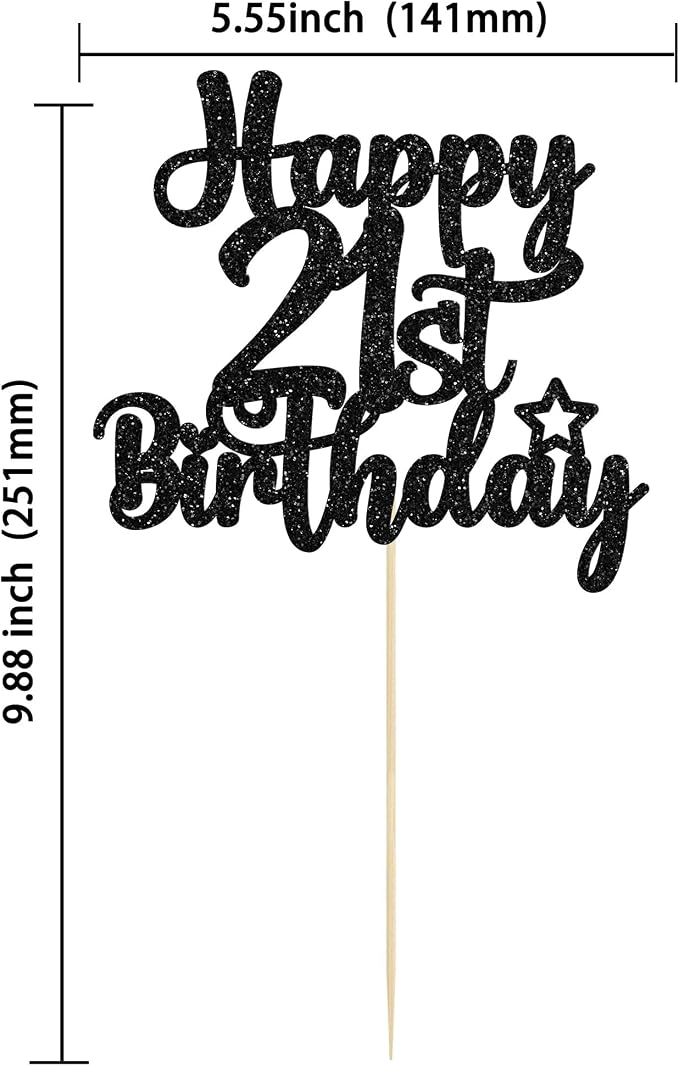 Gyufise 1Pc Happy 21st Birthday Cake Topper Glitter 21 & Fabulous Cheers to 21 Years Old Birthday Cake Pick for Celebrating 21st Anniversary Party Cake Decorations Black