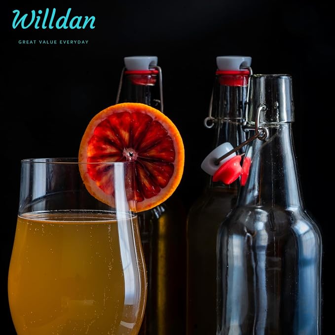 WILLDAN Set of 6-16oz Swing Top Glass Bottles - Flip Top Brewing Bottles For Kombucha, Kefir, Vanilla Extract, Beer - Airtight Caps and Leak Proof Lids, Bonus Gaskets and Funnel