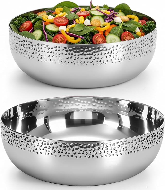 Honeydak 2 Pack Stainless Steel Hammered Salad Bowl 118oz & 152oz Large Metal Serving Mixing Bowl Decorative for Popcorn Fruit Kitchen Cooking Baking Salad Prep Food Storage