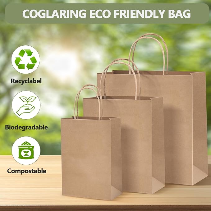 COGLARING 130 Pcs Brown Kraft Paper Bags with Handles - Bulk Assorted Sizes for Retail, Takeout, Bakery & Party Favors | Durable Shopping & Gift Bags for Merchandise, Small Business & Hospitality