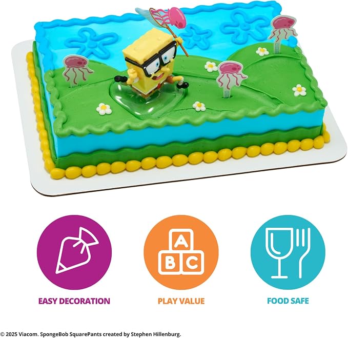 DecoPac SpongeBob SquarePants Cake Topper, Interactive 5 Piece Jellyfish Fields DecoSet Cake Decoration For Birthday & Celebrations, Food Safe, Durable