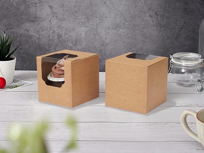 Kraft Cupcake Boxes Individual 60 Pcs with Inserts, Cocoa Bomb Packaing Single Brown Cupcake Containers Paper 3.5" Holders for Cookies, Pastries,Wedding Baby Shower Birthday Graduation