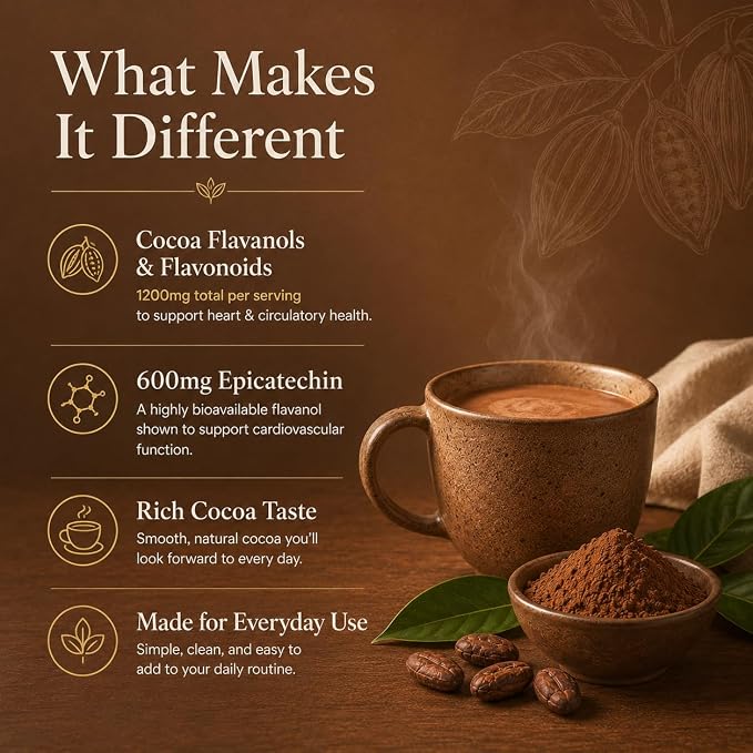 High Flavanol Cocoa Powder, 1200mg Cocoa Flavanols & Flavonoids with 600mg Epicatechin Per Serving, Non-Alkalized Cocoa, Zero Sugar, Vegan, Non-GMO, Gluten-Free, 200g