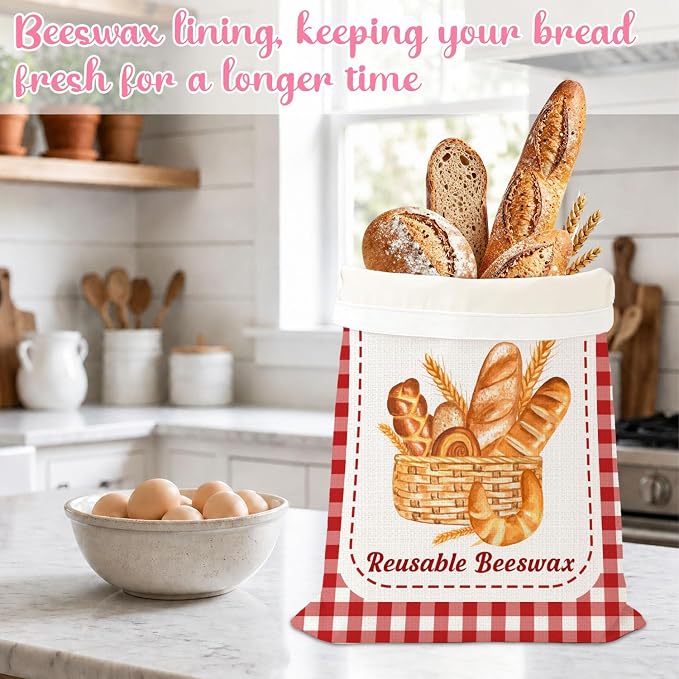 2 Pack Reusable Beeswax Bread Bags, Plaid Decor Bread Bag for Sourdough, Fresh Bread Served Daily, Reusable Linen, Natural Beeswax Storage Bag, Food Storage Cloth with Buckle 13 * 17IN