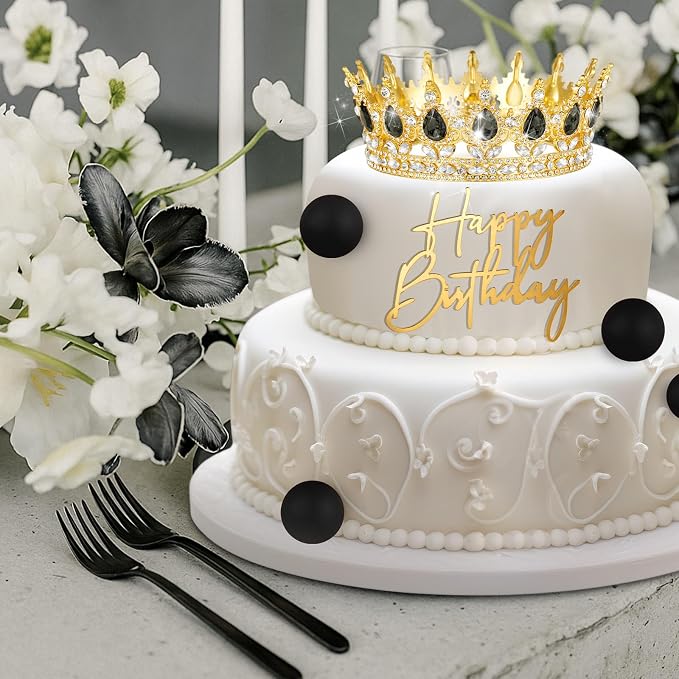 8 Pcs Gold and Black Queen Crown Cake Topper for Women, Happy Birthday Cake Toppers Foam Balls Rhinestone Crystal Tiara Wedding Decoration for Princess Party Photo Props