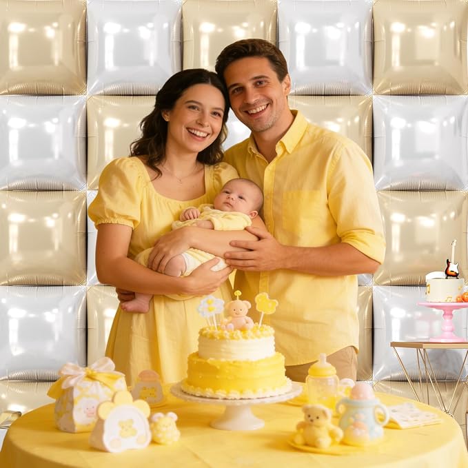 NISOCY 25PCS Beige White Square Foil Balloons Wall Backdrop Double Sided Sand Pearl White Balloon Arch Kit for Birthday Baby Bridal Shower Graduation Gender Reveal Engagement Party Decoration