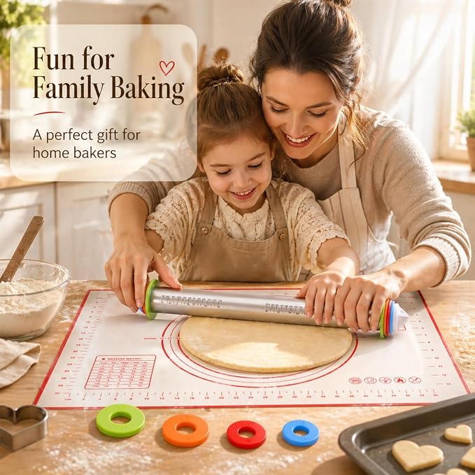 Adjustable Stainless Steel Rolling Pin & Non-Slip Silicone Baking Mat Set with Thickness Rings, Dough Roller with Guides & Pastry Mat for Fondant,Pizza, Cookies, Pies,Baking Supplies & Kitchen Gadgets