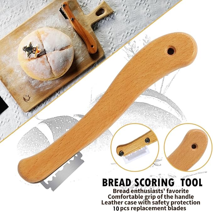 Bread Making Tool Set,Dough Scraper and Bread Scoring Tool for Making Beautiful Bread Tools-Dough Whisk,Dough Scrapers, Bread Lame with 10 Blades Included Replacement (Black)