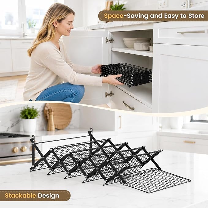 6 Tier Collapsible Cooling Rack for Baking Cookies Bread Barbecue | Include 50 Baking Papers, 4-Level Adjustable Height, 3 Setting Design, Stackable Roasting Rack, X-Shaped Structure