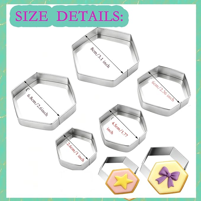 5pcs Hexagon Cookie Cutter Set, with 50pcs Thick Piping Bags Stainless Steel Soccer Ball Cookie Cutter Football Cake Decorations | Geometric Biscuit Sandwiches Fruit Cutter for Birthday Cake Cupcake