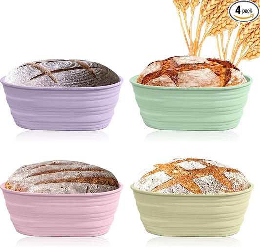 4Pcs Silicone Banneton Bread Proofing Baskets, 10" Collapsible Sourdough Bread Baking Supplies Non-Stick Oval Dough Proofing Bowl Containers Oven Safe for Various Tastes Bread Making-BPA Free