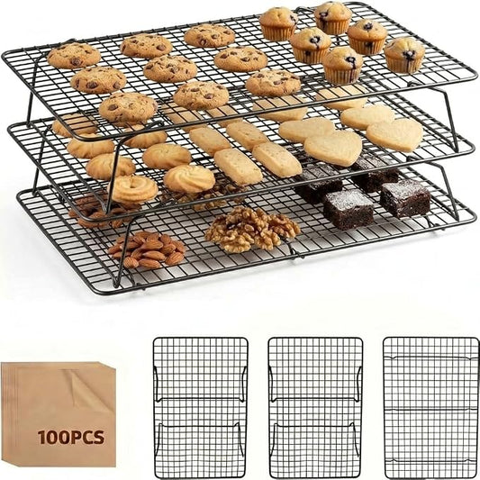 Cooling Racks for Baking, 3-Tier Stackable Stainless Steel Wire Cooling Rack Set of 3 (10"x15") with 100 Paper, Oven Safe Heavy Duty Rust-Resistant Wire Rack for Cookie Sheet Roasting Grilling.