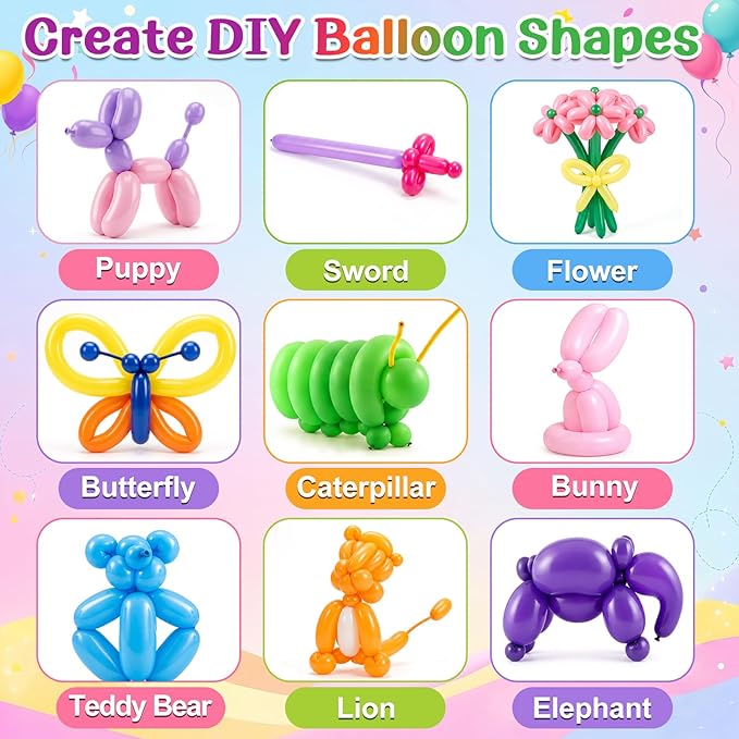 100 Pcs 260 Balloons Kit with Pump - Kids Premium Latex Twisting Long Balloons to Make Animals Flowers, Fun Rainbow Balloons for Party Boys Girls Birthday Gifts Clowns Wedding Decor