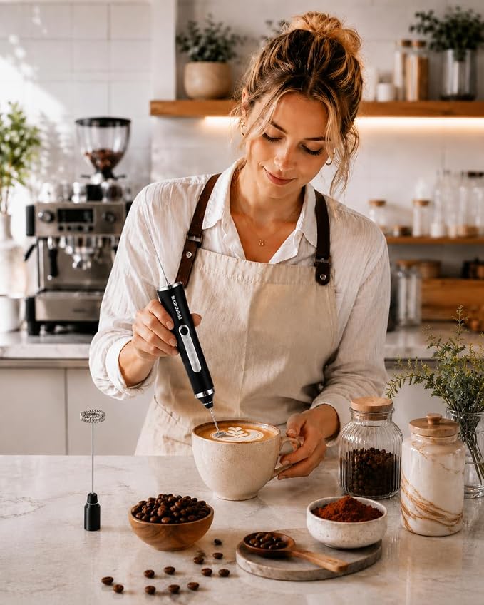 Rechargeable Milk Frother Handheld, Electric Coffee Frother with 2 Whisk, 3-Speed Powerful Drink Mixer, USB-C, Milk Foamer for Coffee,Latte,Cappuccino,Matcha & HotChocolate(Black no Stand)