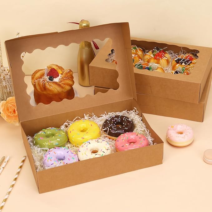 Moretoes 15pcs Bakery Boxes, 12x8x2.5 Inches Auto-Popup Cookie Boxes with Windows for Chocolate Covered Strawberries, Donuts, Pastries (Brown)