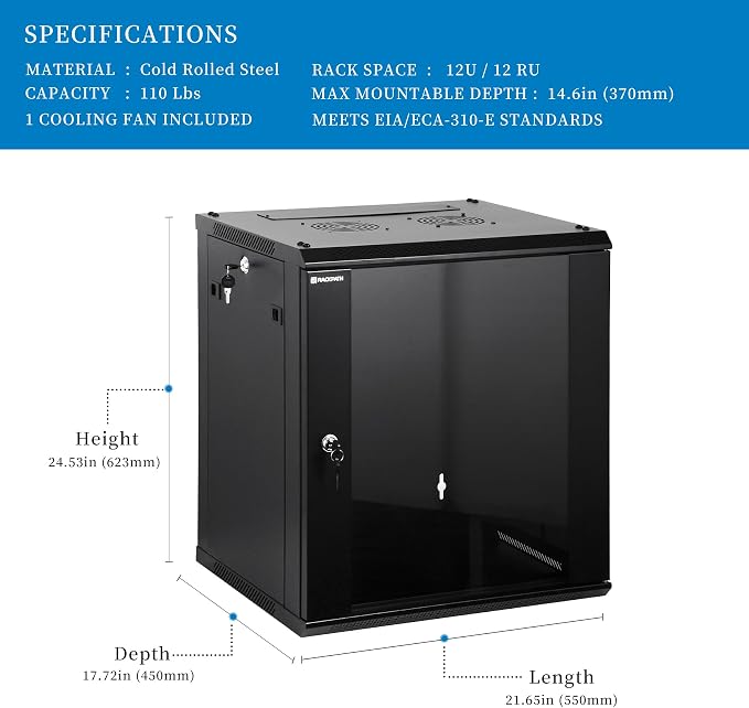 RackPath 12U Wall Mount Network Rack Cabinet – Quiet Cooling Fan, Locking Glass Door, 17.7" Deep (450mm), Removable Locking Side Panels, Fits 19" IT & A/V Equipment