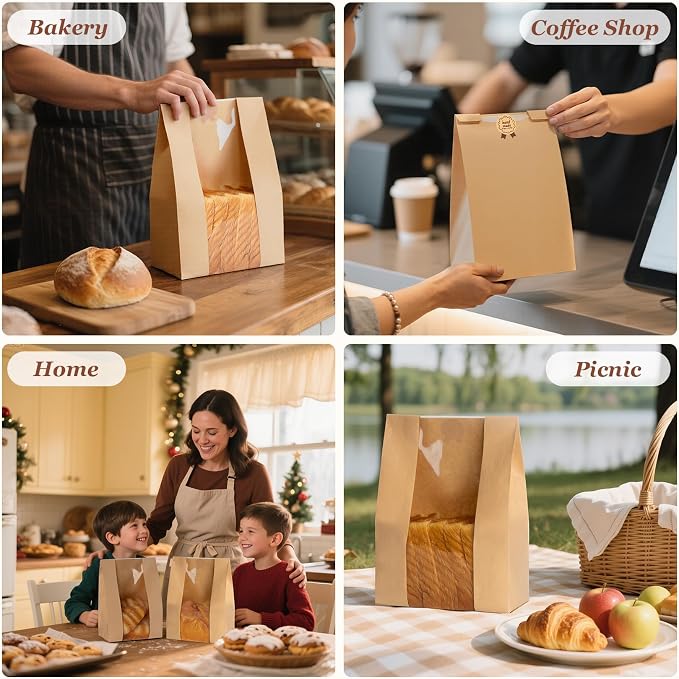 FUNFERY 30 Pcs Sourdough Bread Bags for Home Made Bread Sourdough,Large Paper Bags for Breads Gifting with Window&Cute Stickers,Loaf Bags for Bakery Packaging and Storage,Sourdough Starter Kit