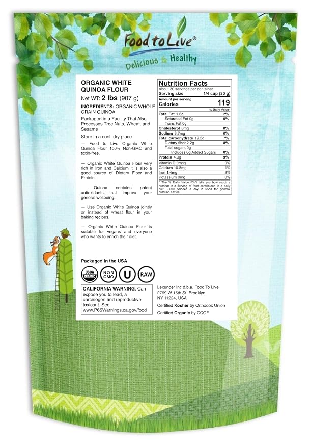 Food to Live Organic White Quinoa Flour, 2 Pounds – Non-GMO, Fine Ground Whole Grain, Vegan, Kosher, Bulk Powder, Perfect for Baking and as Thickener