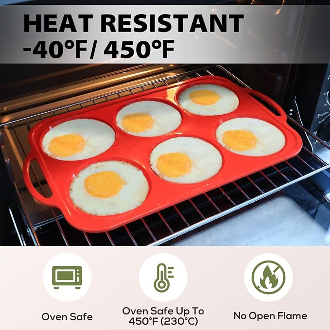 4 Inch Muffin Top Pan Non Stick with Metal Frame, Silicone Egg Molds for Breakfast Sandwiches, Large Round Whoopie Pie Baking Pan with Handle for English Muffin, Egg Bite and Oven, Red