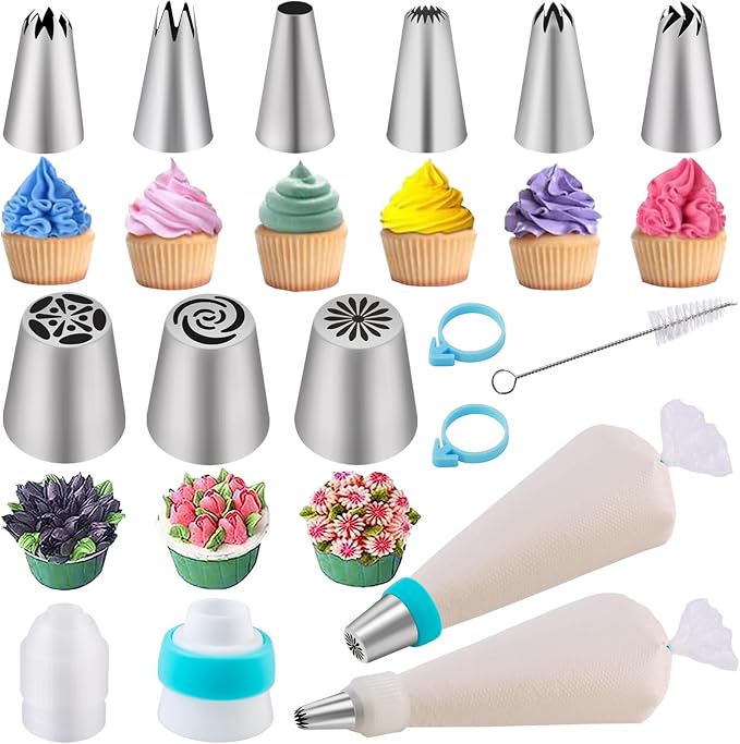 Russian Piping Bags with Nozzles 54 Pieces, Cake Accessories with Piping Nozzles, Stainless Steel, Piping Bag for Cupcakes, Cakes, Decorating Cakes