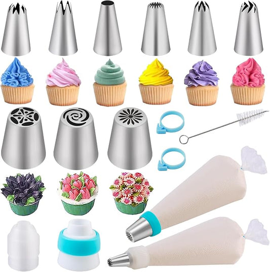 Russian Piping Bags with Nozzles 54 Pieces, Cake Accessories with Piping Nozzles, Stainless Steel, Piping Bag for Cupcakes, Cakes, Decorating Cakes