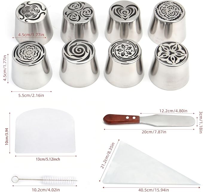 26-Piece Extra Large Russian Piping Nozzles Set Stainless Steel Rose Tulip Piping Tips, 8 Nozzles 2 Brushes 10 Piping Bags 1 Spatula 5 Scraper Cake Decorating Baking Tools (XXL, 22Piece)