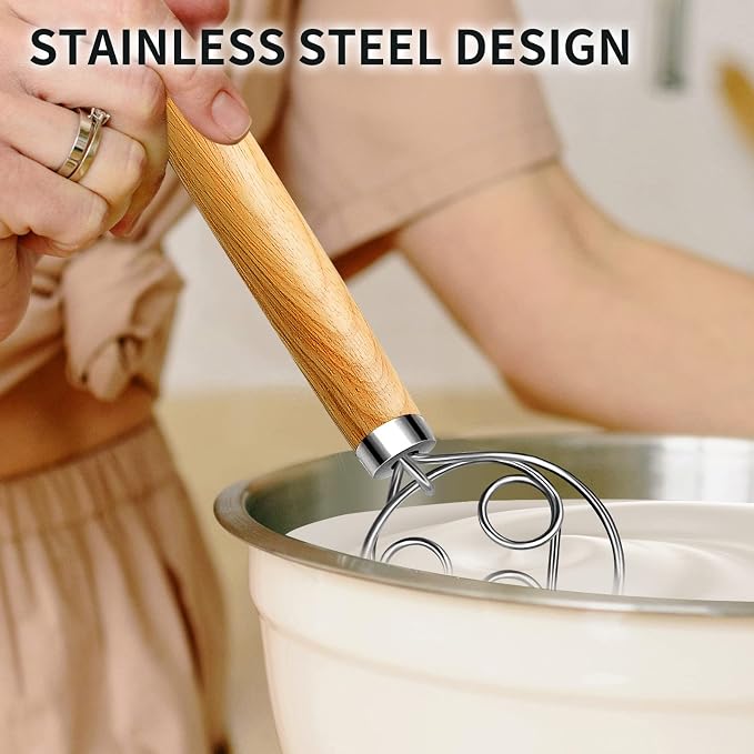 TEEVEA Danish Dough Whisk Stainless Steel for Sourdough Bread Baking | Wooden handle, sturdy stainless steel ring; ideal for sourdough, pizza dough & pastry, non-clumping mixing, easy to clean