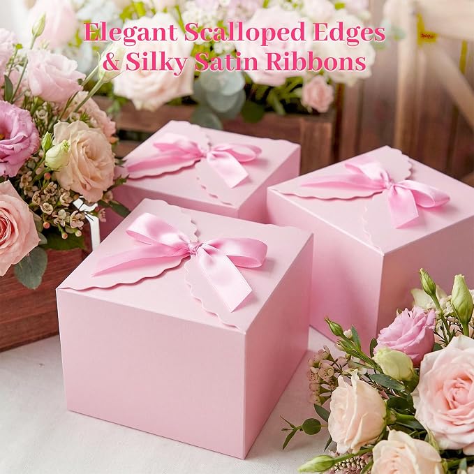 VGOODALL 10PCS Gift Boxes with Ribbon, Pink Candy Box with Ribbon Paper Treat Boxes for Wedding Cookie Chocolates Small Gifts